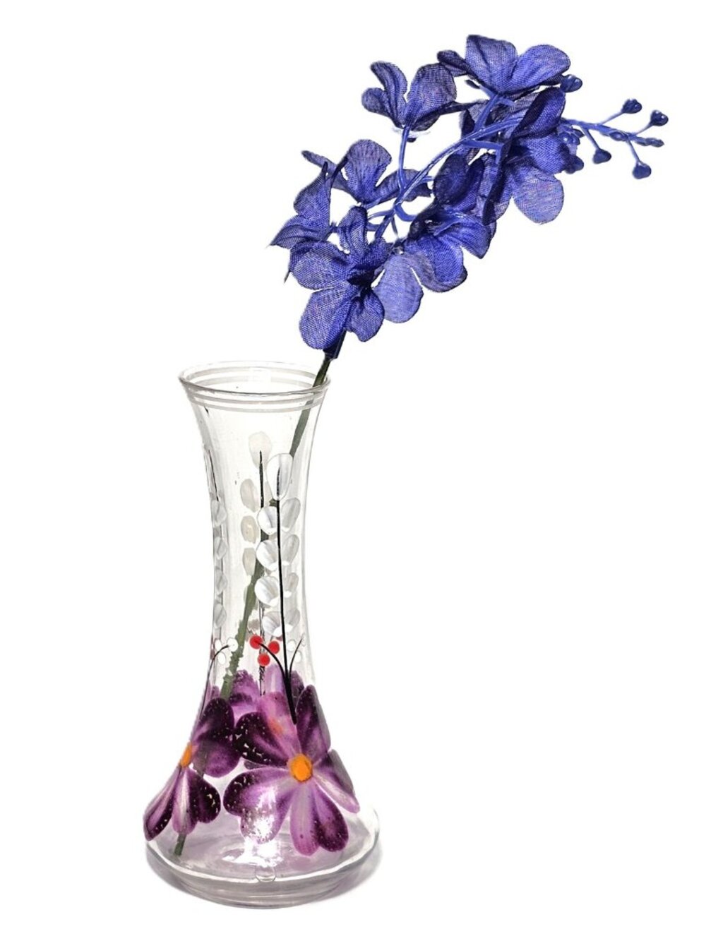 Hand Painted Purple Enamel Floral 5" Small Clear Glass Bud Vase Decorative Art